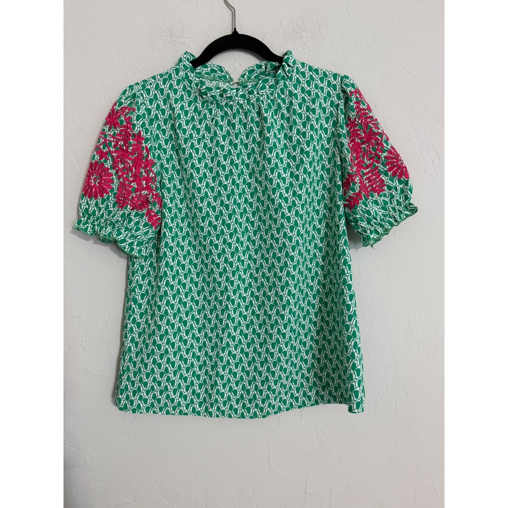 SHEIN Green Geometric Puff Sleeve Blouse Pink Floral Embroidery Ruffle Neck S 4